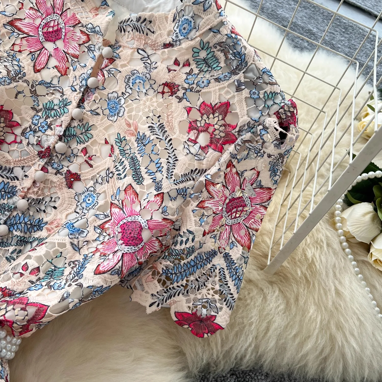 Vestido elegante de encaje calado para mujer, Vestido largo de fiesta de noche con cinturón y cuentas de cristal, manga corta, cuello redondo, bordado de flores, verano