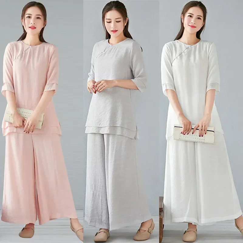 

Summer Tea Artist Clothing Zen Women Cotton and Linen Two-piece Suit Retro Chinese Style Buddhist Clothes Female