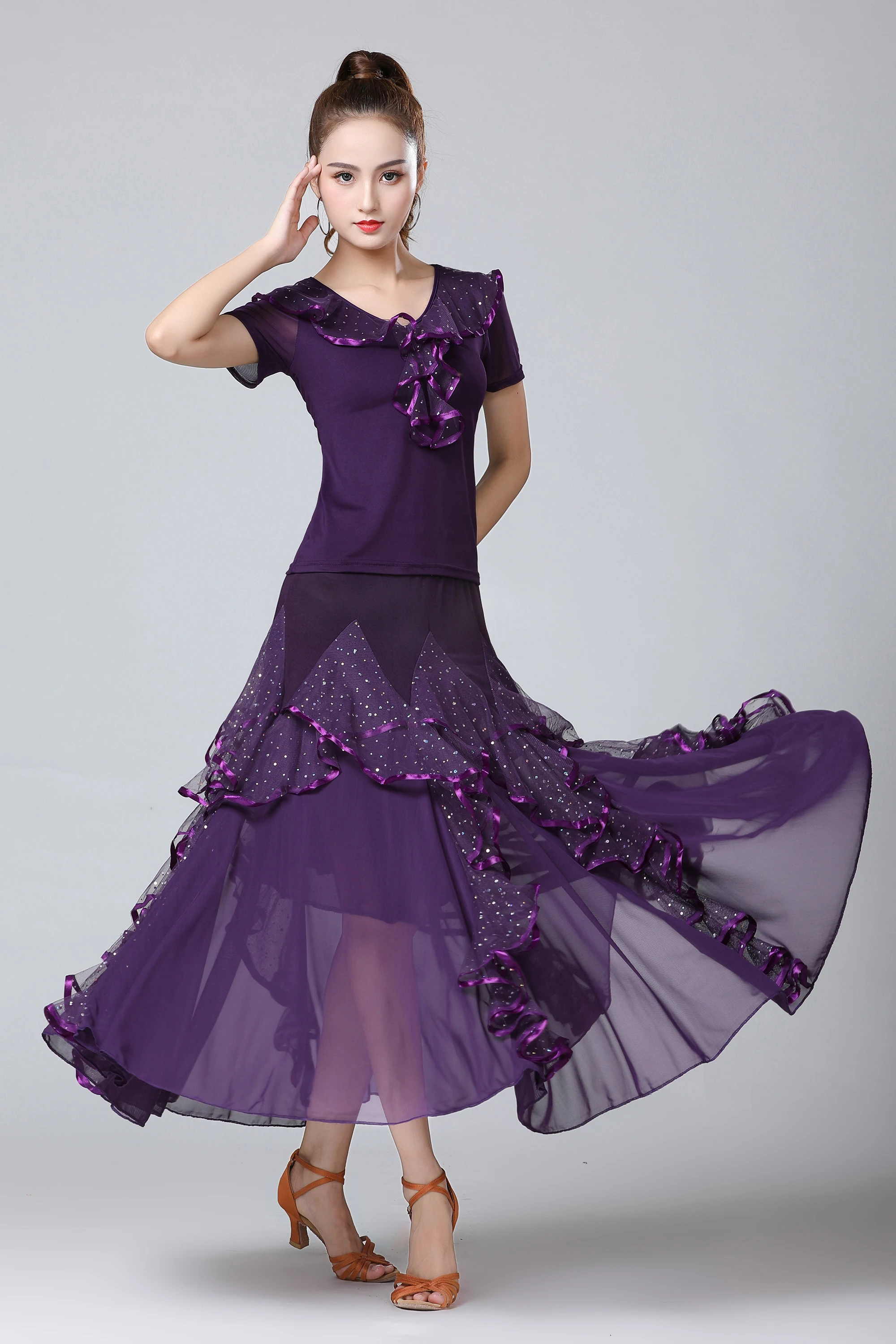 

Женский костюм для взрослых, джаз, современный танцевальный костюм, юбка для бальных танцев, костюм для вальса, комплект с юбкой с короткими рукавами