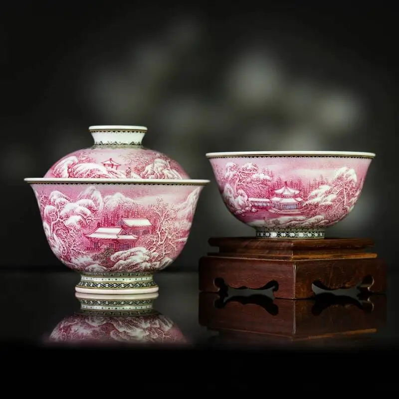 Sacred Mountain Jingdezhen Ruby Red Black Jade Snow Scene (Lidded Bowl)'Visiting Friends In The Stream Mountains' Ceramic Set