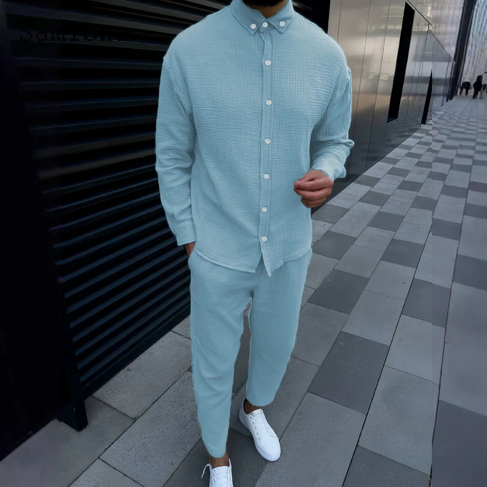 Men Casual Street Two Piece Sets 2024 Europe Style Vintage Blouse and White Ankle-Length Pants Suit Male Beach Tracksuits Set