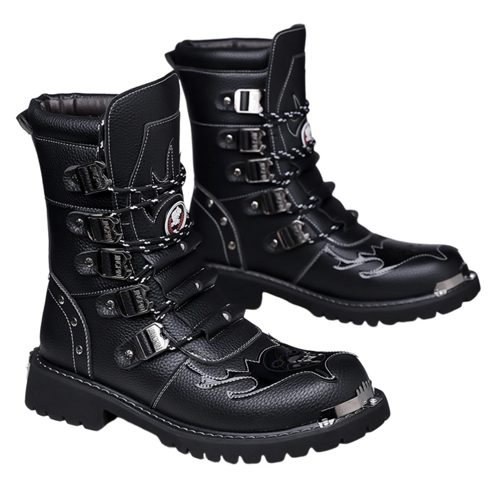 Scarpe alte in pelle stile britannico maschile Abbigliamento da lavoro Cavaliere Stivali punk da moto Decorazione con fibbia per cintura Scarpe alla moda
