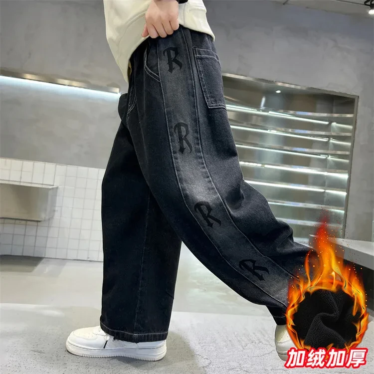 Kids Clothing Wram Fleece Thick Jeans Autumn and Winter New Handsome Wide-leg Pants Large Children Loose Straight Pants