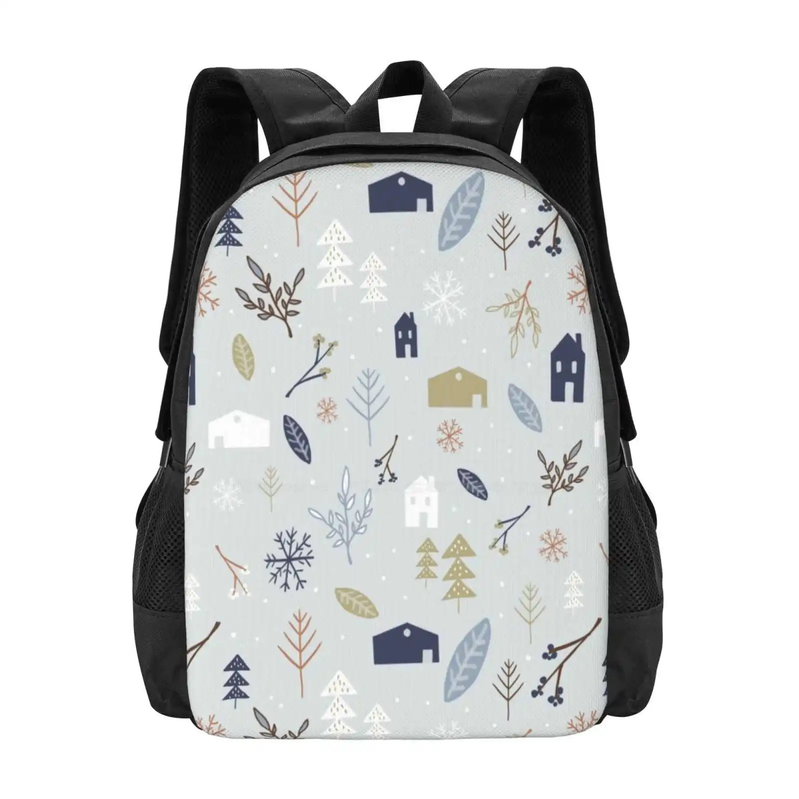 Winter Village Hot Sale Schoolbag Backpack Fashion Bags Holidays Cold Trees Nature Leaves Branches Blue Green White Snow Winter