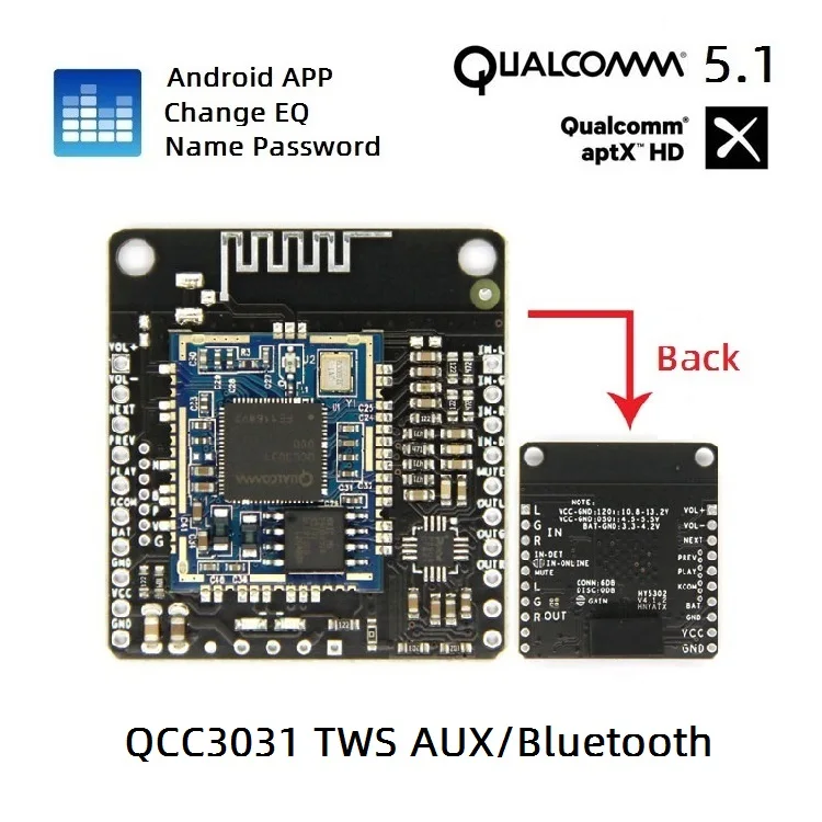 APP name change password EQ Bluetooth 5.1 Qualcomm QCC3031 lossless APTXHD with AUX pair box TWS amp