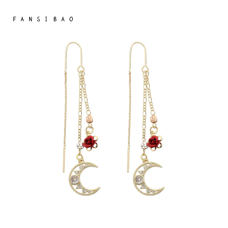 FanSibao Modern Retro Red Rose Moon Pendant Earrings - Creating Daily Fashion Highlights