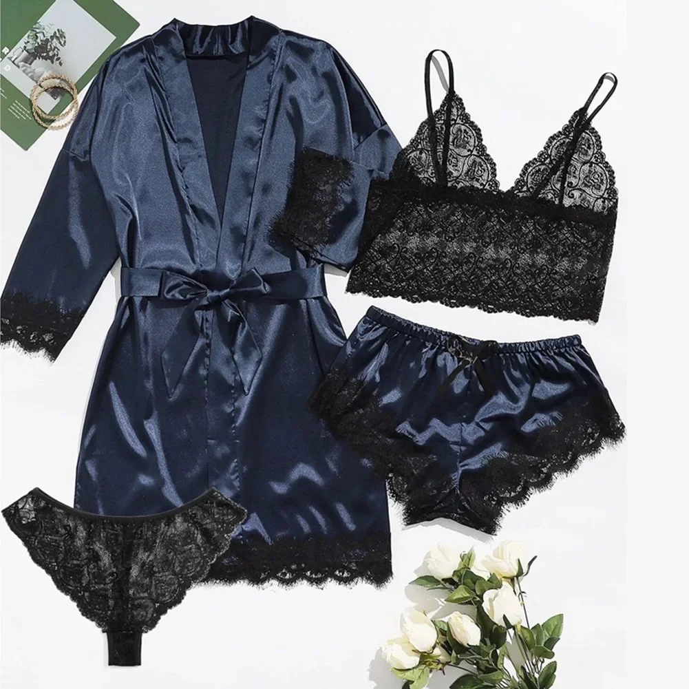 4 Pieces Women Sleepwear Pajamas Ser With Robe Sexy Lace Lingerie Bathrobe Silk Satin Home Clothed Nightwear Robe Underwear