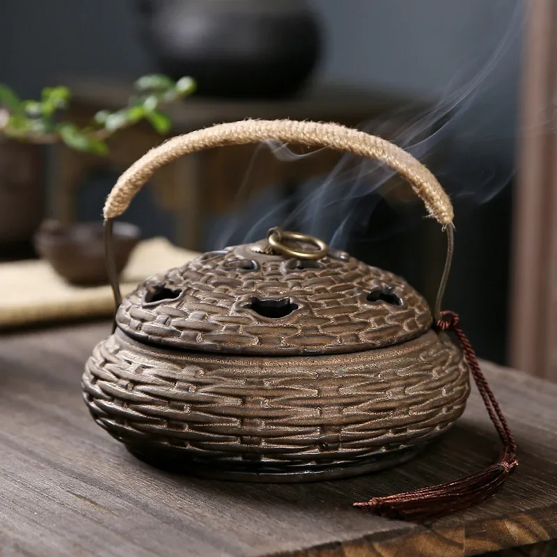 1pcs Portable Bamboo Basket Incense Burner for Home Indoor Vintage Ceramic Aromatherapy Mosquito Repellent Agarwood