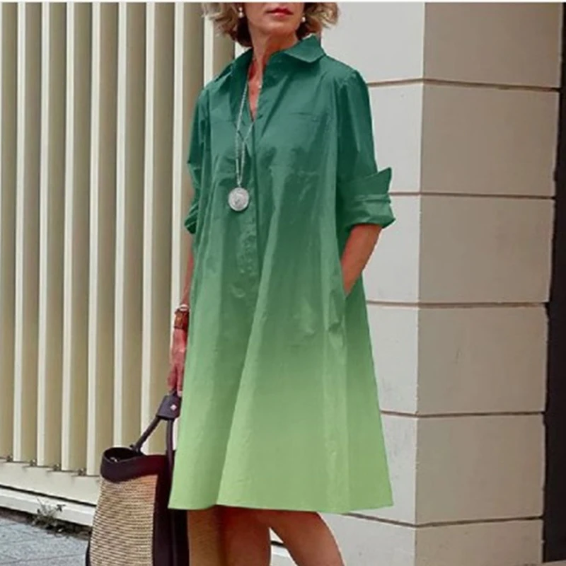 Spring Summer Shirt Dress Women Turn Down Collar Long Sleeve Tie Dye Printing Midi Dresses For Women Elegant Pocket Holiday Robe