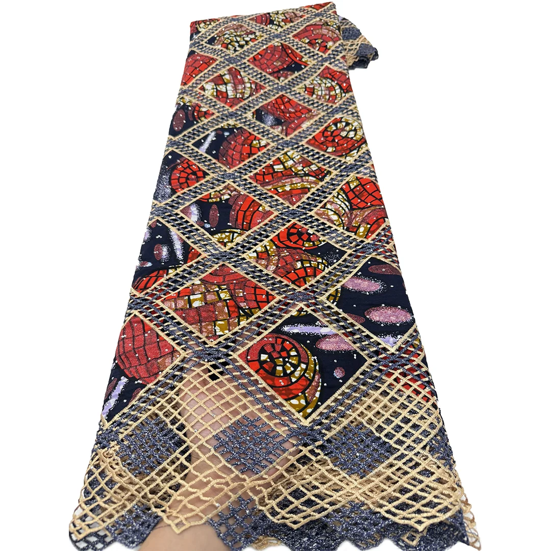 5 Yards New African Glam Glitter Grand Golden Ankara Embroidery Printing Wax Fabric Materials For Nigerian Women Dress