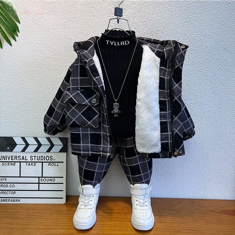 

Korean Kids Winter Clothes Plush Thickening Suit New Plaid Boys Warm Jacket Childhood Coats + Pants Two Piece Set Kids Outerwear