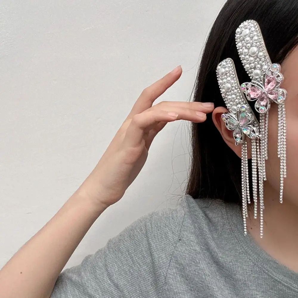 

New Chinese Style Tassel Hair Clip Head Wear Hair Wear Butterfly Bang Clip Hair Clip Pearls Rhinestone Side Clip Decoration