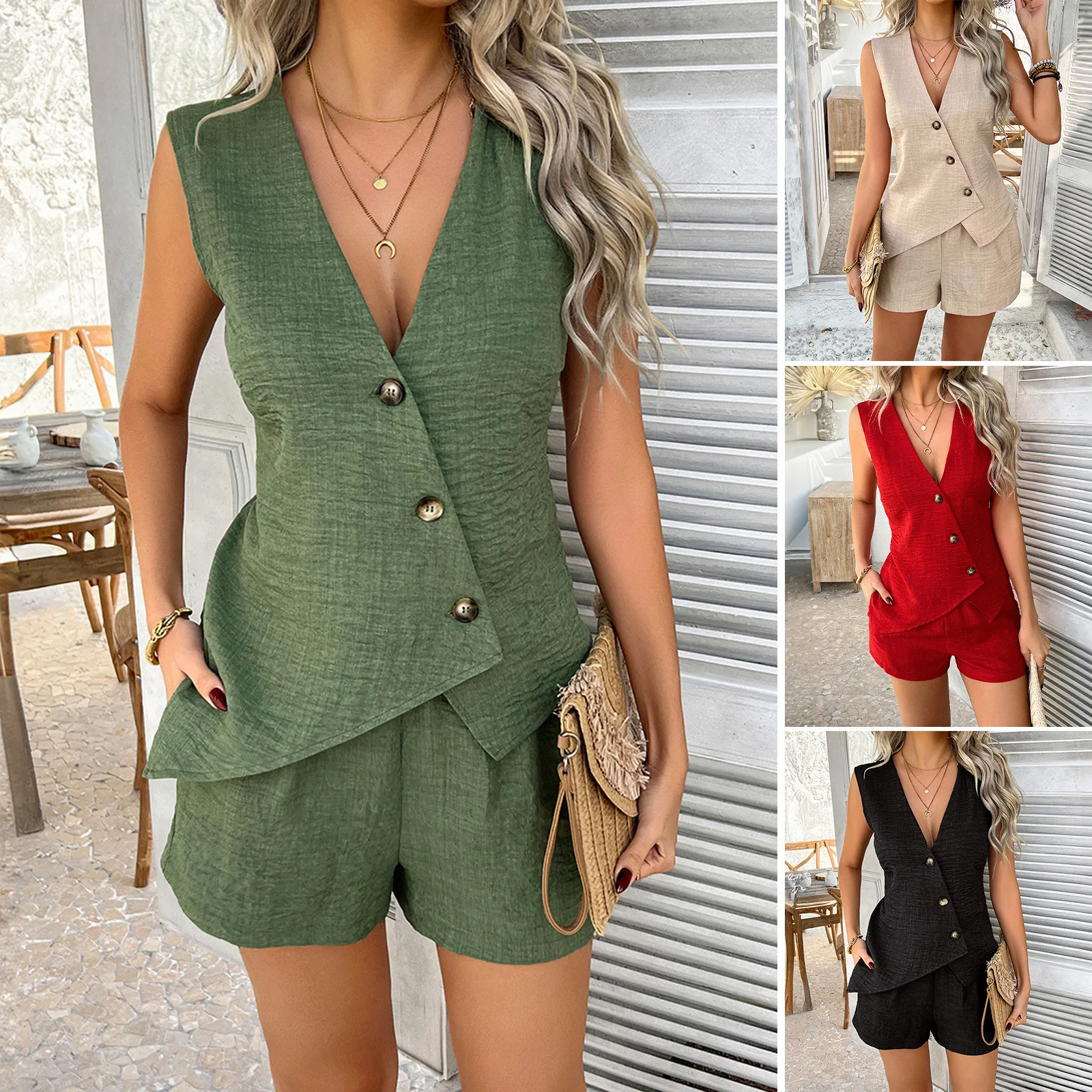 

Women's 2 Piece Linen Style Set - V-Neck Sleeveless Irregular Hem Vest & Shorts Suit with Button Detail | Casual Summer Outfit