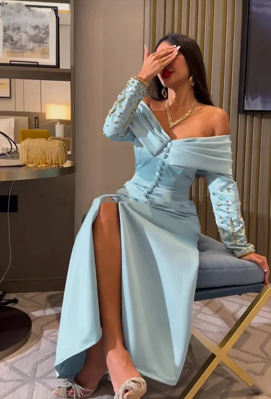 Jiayigong Prom Satin Button Beading Clubbing A-Linie Off-the-Shoulder Maßgeschneidertes Anlasskleid Midi-Kleider