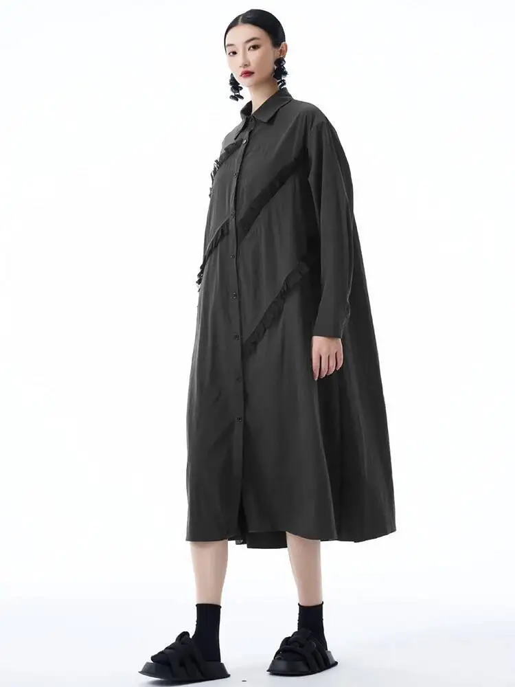 المرأة شبكة سوداء مطوي تقسم حجم كبير ميدي قميص فستان جديد التلبيب كم طويل موضة المد ربيع الخريف