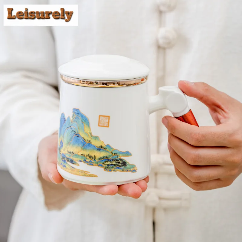 400ml Chinese Landscape Tea Cup with Lid Filter Inner Liner Water Separation Ceramic Mug Large Capacity Personal Drinking Gifts