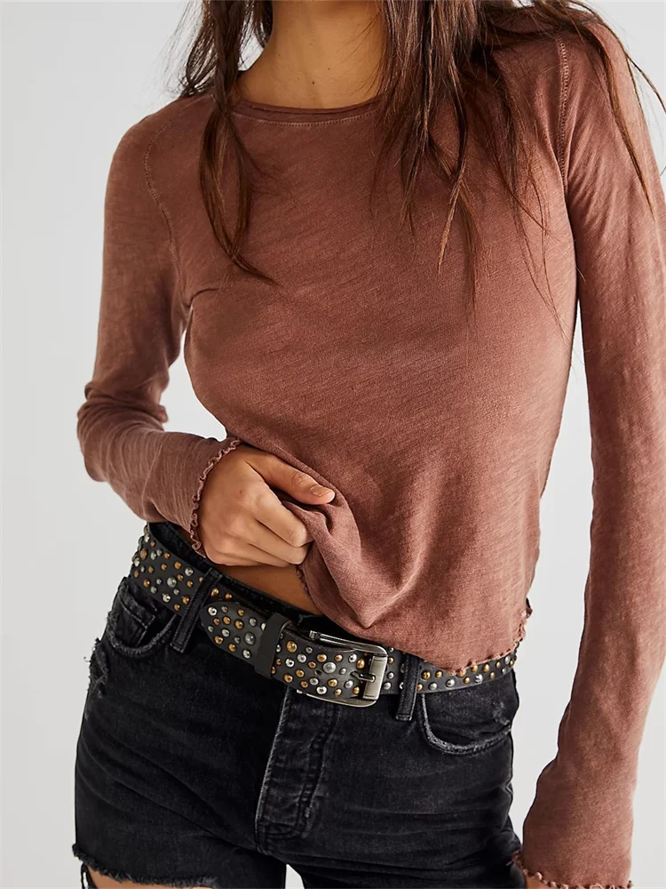 CHRONSTYLE Women Solid Color Pullovers Tops Basic Tees Long Sleeve Round Neck Patchwork Slim Fit Casual T-Shirts Streetwear 2023