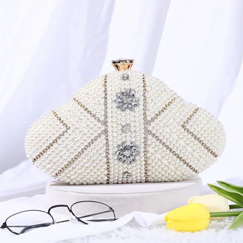 new Style Double-sided Handmade Bead Embroidery Fan-shaped Pearl Rice Beads With Rhinestones Handbag Ladies Formal Dinner Bag