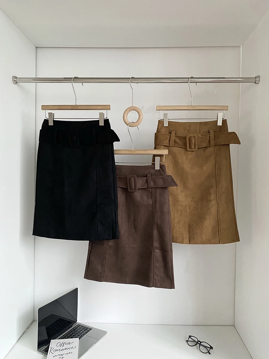 

High Waist Suede Midi Skirt Women's A-Line Skirt with Belt Korean Retro Style Autumn Winter New Arrival Slimming Versatile Skirt