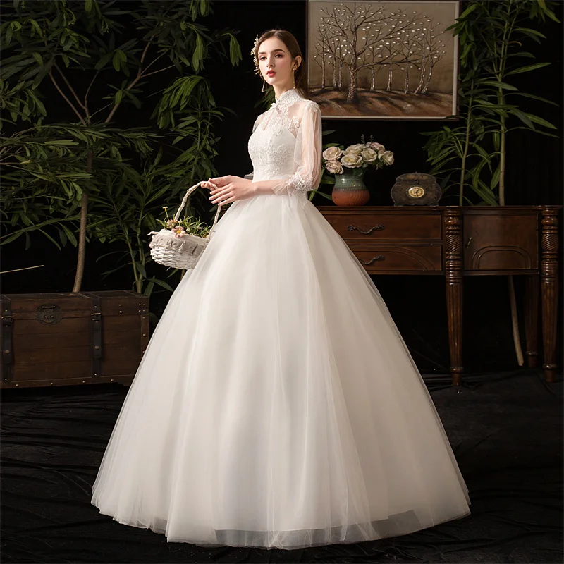 H19 High Neck Sleeveless Tulle Wedding Dresses Lace Appliques Illusion Back Bridal Gowns A-Line Custom Made