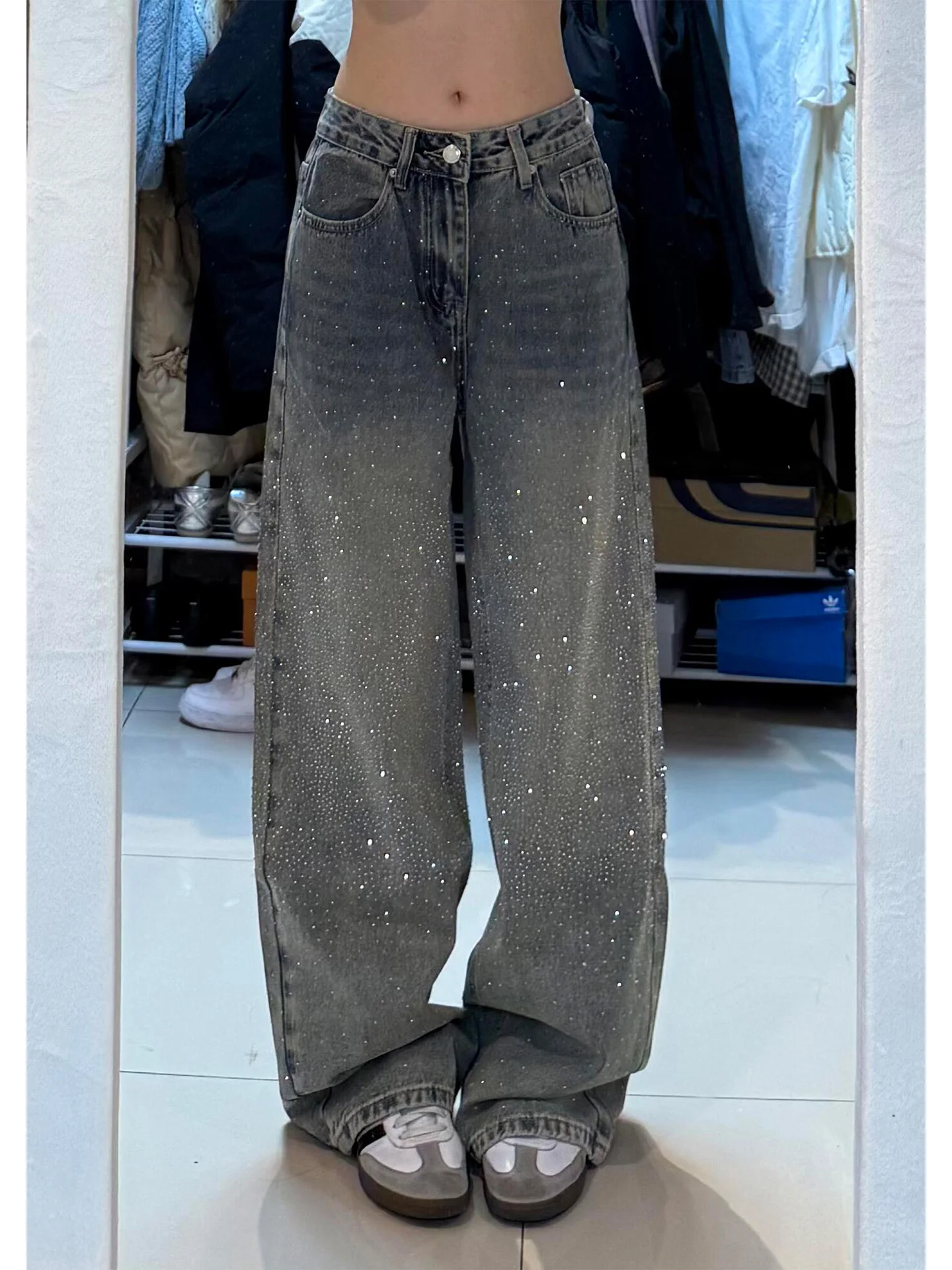 

Джинсы женские с высокой талией и широкими штанинами, весенние, новые, в американском стиле, стройнящие, повседневные, синие, из денима