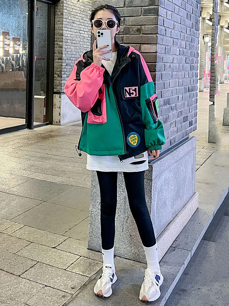 

Women's Spring Retro Baseball Jacket 2025 New Chic Bomber Jackets Loose Hooded Collar Long Sleeve Zopper Parka Coat