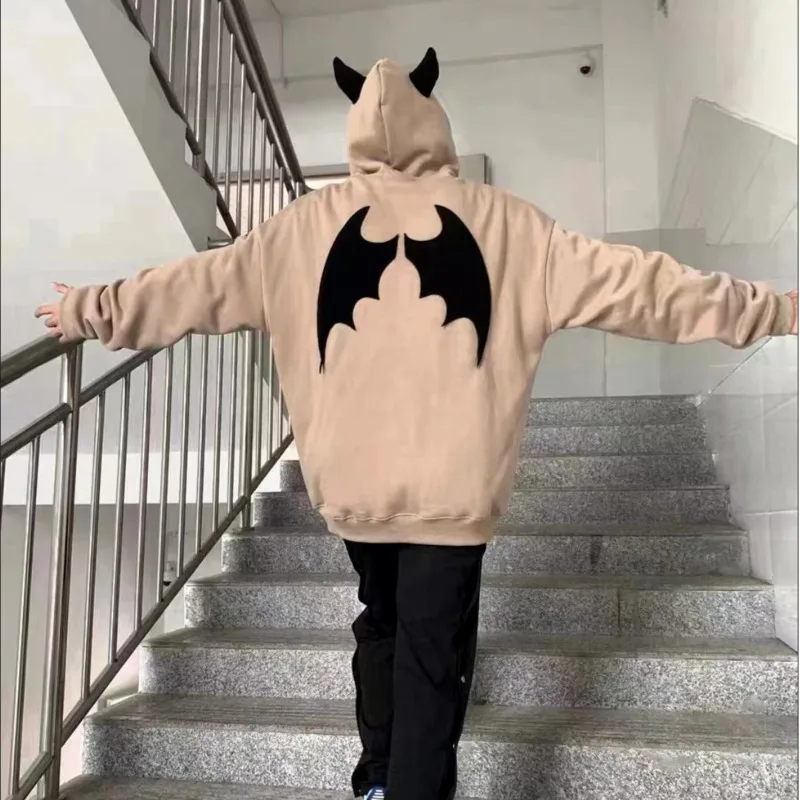 Yk2 Devil Horn Letter Print Cardigan Hoodie Women Harajuku Hip Hop Hooded Couple Zipper Jacket Coat Fashion 2000s Sweatshirt Y2k