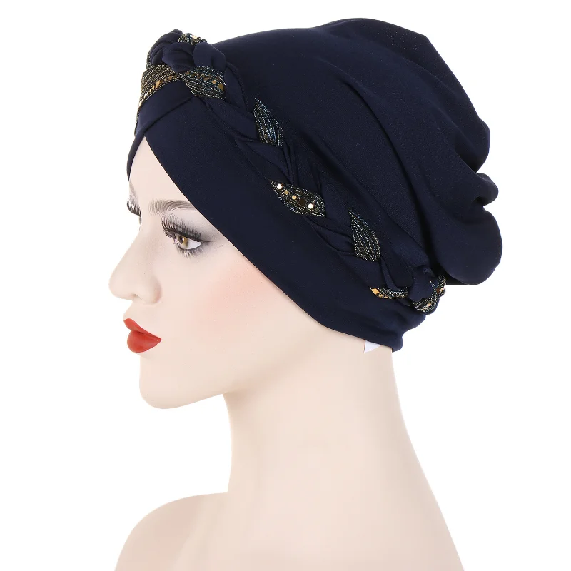 KepaHoo India Lurex Glitter Cross Braid Jersey Turban Hats Beanie Bonnet Canner Islamic Chemo Caps Solid Muslim Hair Loss Cover