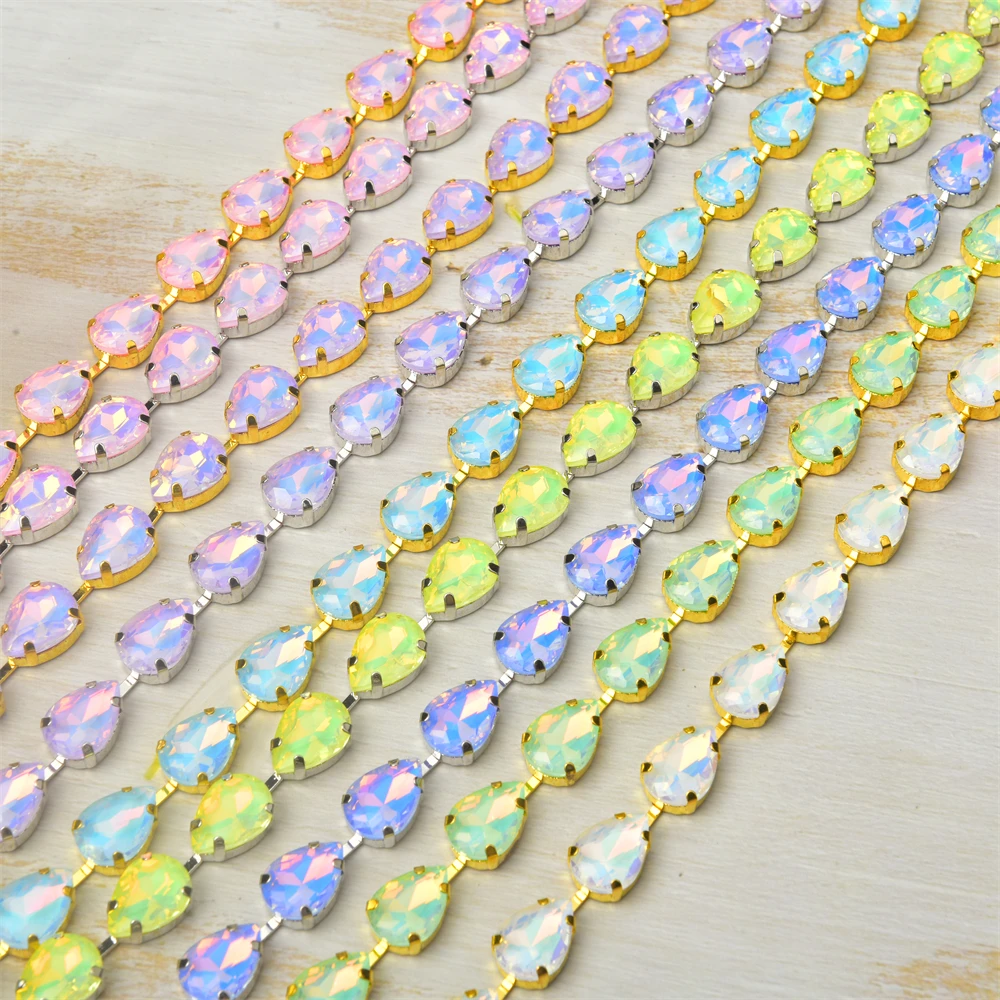 45Cm New 7 Colors Water Drops Shape Opal Mocha Rhinestones Chain Shiny Gold Silver Base Trim For Diy Garment  Decoration Accesso