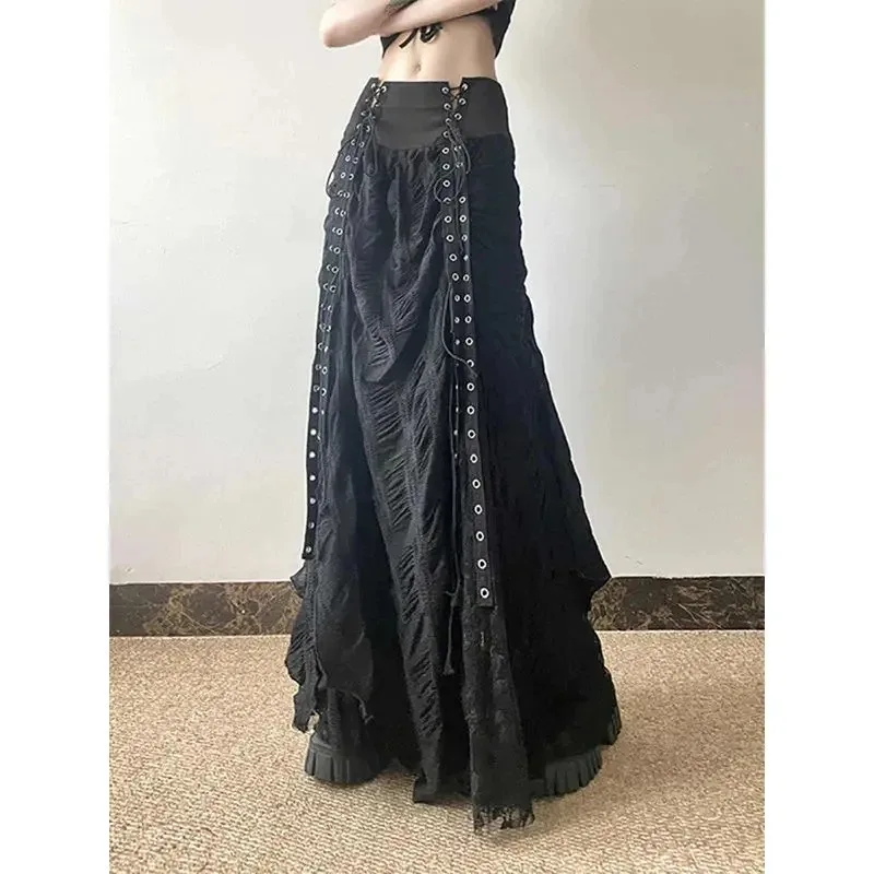 

Y2K Lace Mesh Long Skirt Women Harajuku Vintage Patchwork Bandage Black Skirts Gothic Aesthetic High Waist Chic Faldas 2025 New