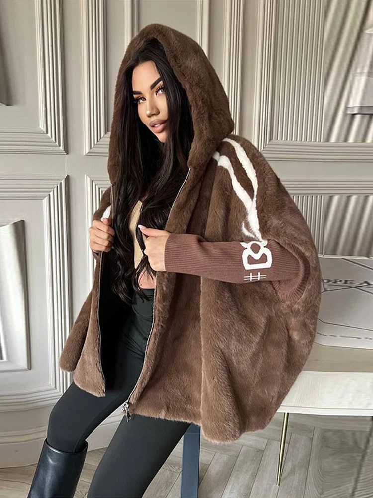 2025 herbst Winter Warme Oberbekleidung Casual Faux Pelz Übergroßen Mit Kapuze Mantel Für Frauen Mode Patchwork Gestrickte Ärmeln Zipper Jacke