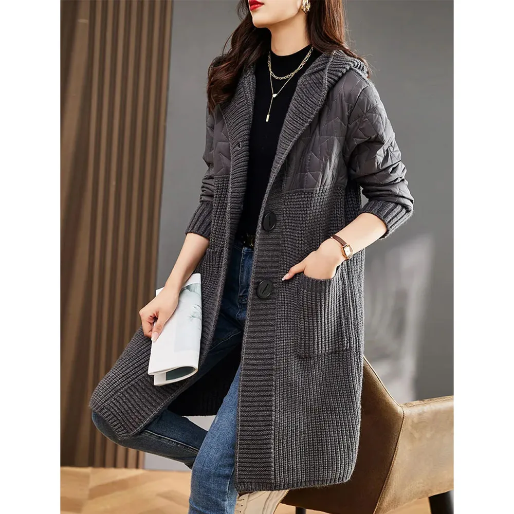 Long Patchwork Thicken Quilted Sweater Jacket For Women Autumn Winter Wool Sweater Coat Female Korean Loose Hooded Knit Cardigan