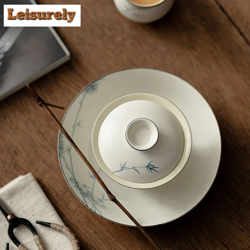 150ml Powder Yin White Pottery Gaiwan Japanese Handpainted Ink Bamboo Tea Tureen Tea Maker Cover Bowl Lid Kit for Tea Collection