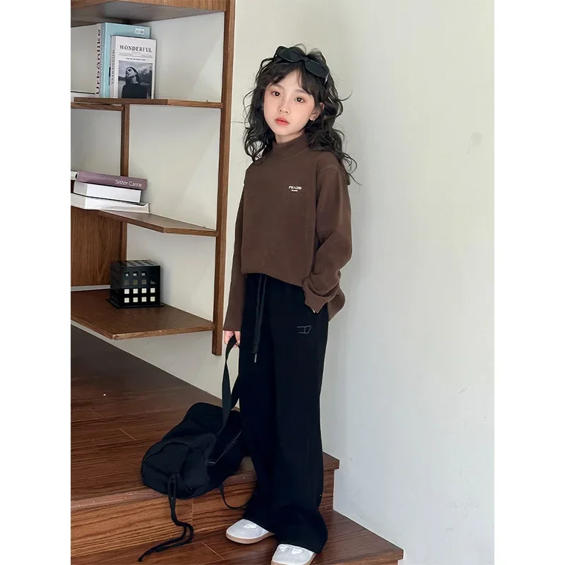 

Girl Pants 2023 New Winter Korean Fashion Style Fleece High Waist Drape Wide Leg Pants Solid Casual Pants Children Clothes