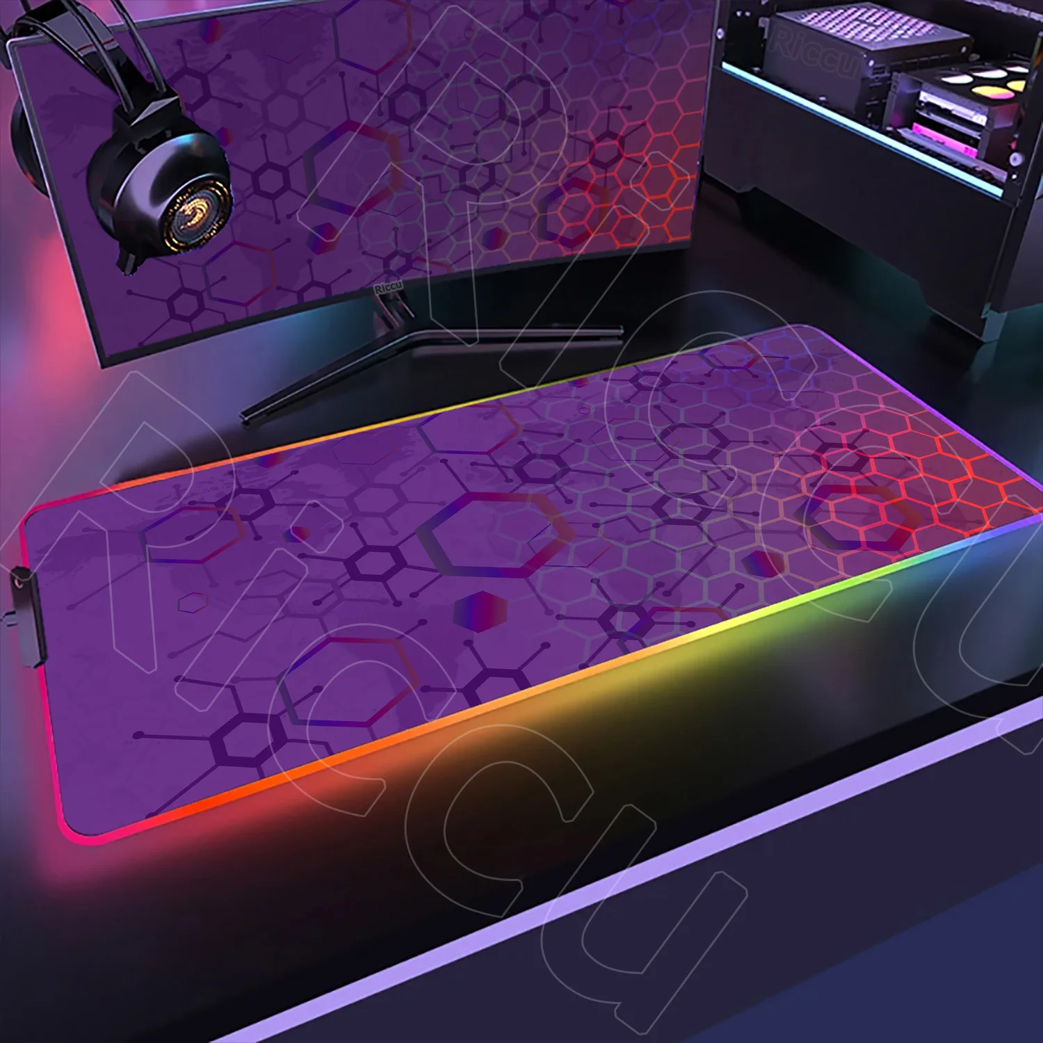 RGB LED Keyboard Rug Luminous Table Geometry Mouse Pad 400x900mm Large Laptop Gamer Non-slip Mouse Pad Hexagon Rubber Mouse Mats