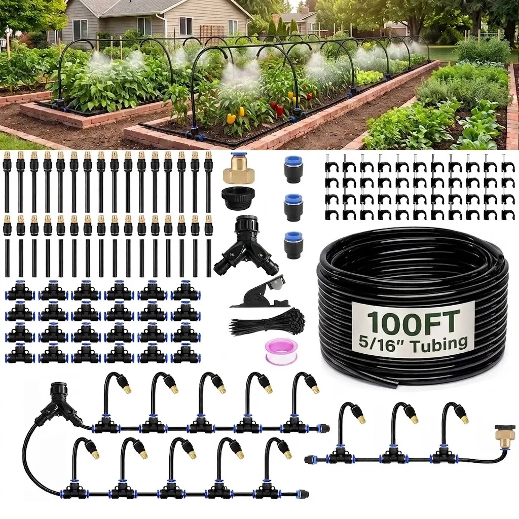 Complete Garden Watering Kit 50 66 100FT 5 16 inch tubing brass faucet adapter mist drip off modes with premium brass nozzles