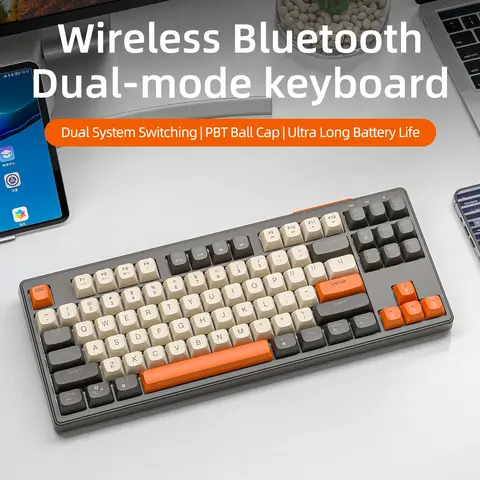 Teclado sem fio para jogos M87, teclado Bluetooth de modo duplo de 87 teclas com luz arco-íris RGB, balcaps PBT para jogos de escritório silenciosos
