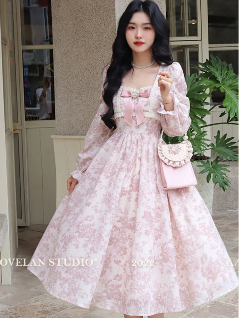 Gentle style long sleeved floral fashion dress women 2024 autumn/winter new mid length sweet high waisted slim fairy dress 4QJC