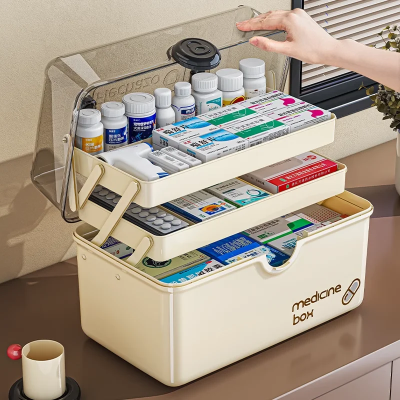 3-Tier Foldable Medicine Storage Box Plastic Portable First Aid Organizer with Clear Lid for Home Travel Family Medical Supplies
