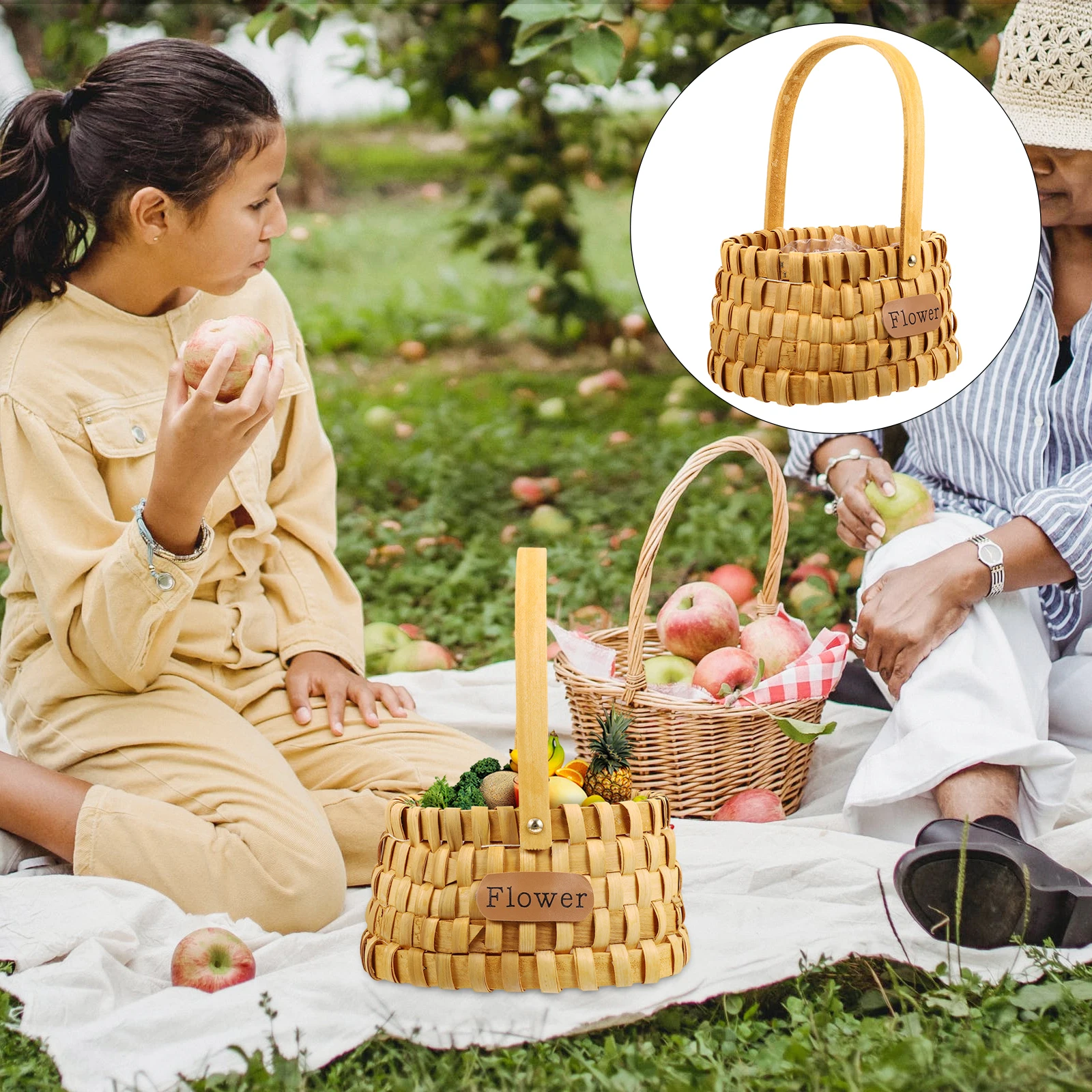 

1pc Storage Basket Home Decoration Flower Gift Wood Chip Handwoven Carry Handle Versatile Style Bonsai Potted Plant