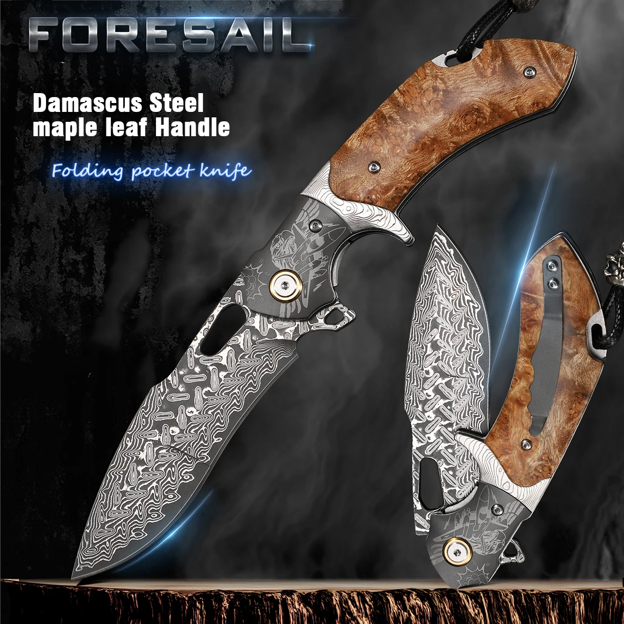 

FORESAIL Damascus Steel Folding Pocket Knife,EDC knife,With leather sheath，pocket clip,Wood Handle,outdoor Fishing camping knife