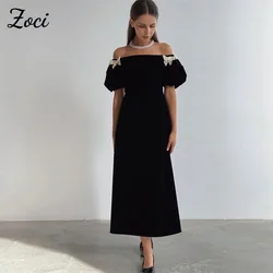 Zoci Elegant Black Bespoke Prom Dresses 2025 Short Puff Sleeve Tea Length Evening Party Gown Customized Saudi Arabic Women Dress