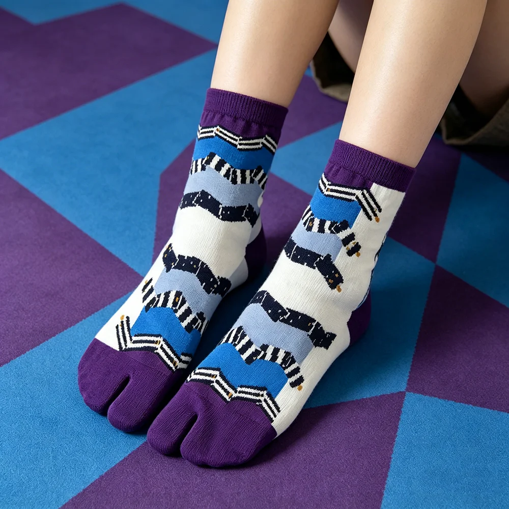 1 Pair Women Cartoon Combed Cotton Two Toe Socks Japanese Colorful Jacquard Split Toe Socks Floral Cute Funny Crew Tabi Socks