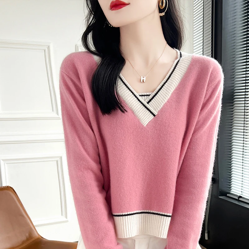 Krótki wełniany sweter damski Pullover Cross V-Neck Long Sleeved 2024 Autumn Winter New Item Color Blocking Fashion Warm High-End