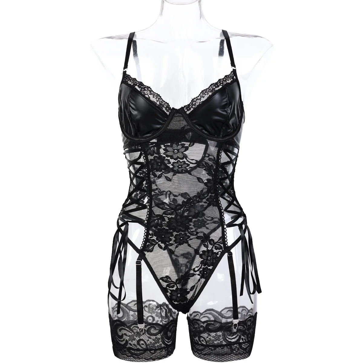 Hot Lingerie For Women Body Stocking Erotic Crotchless Sexy Silk Lace PU Underwear Black Porn Babydoll Bodysuit Curvy Costumes