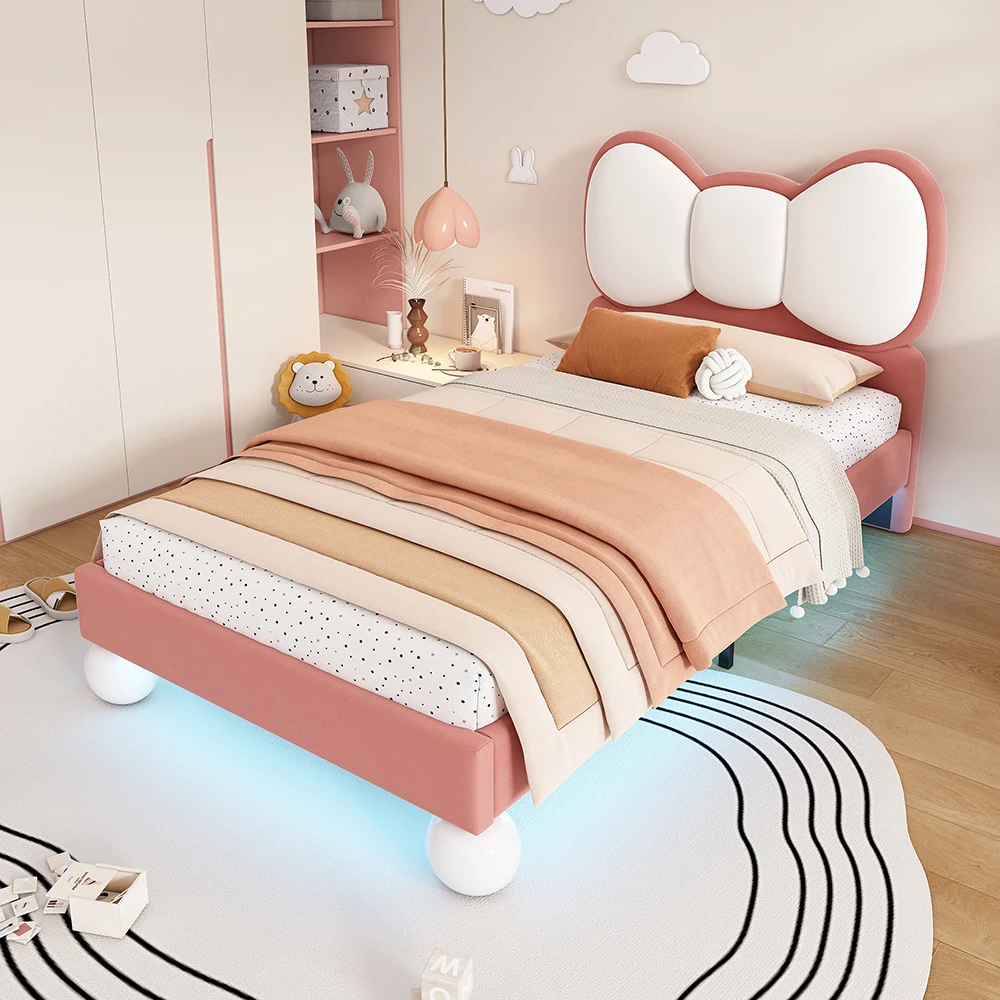 KOMHTOM Lit rembourré en velours confortable 90x200 cm avec barre lumineuse LED intégrée et couleur personnalisable
