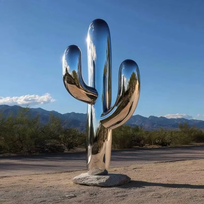 Mirror polished large stainless steel cactus sculpture for outdoor courtyard park decoration