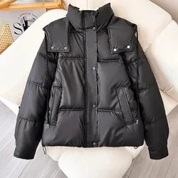 Down Cotton-Padded Female PU Protein Skin Avoid Wash Large Size Loose Slim Detachable Hat Thick New Jacket  Female Winter Coat