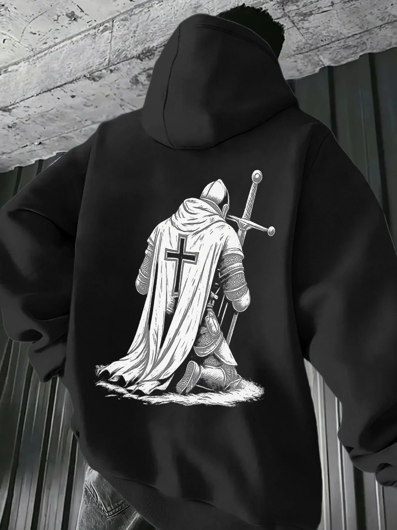 Fashion Cross Print Men Hooded Sweatshirt Autumn Winter Daily Outdoor Sports Loose All Build Fitness Leisure Warm Street Style