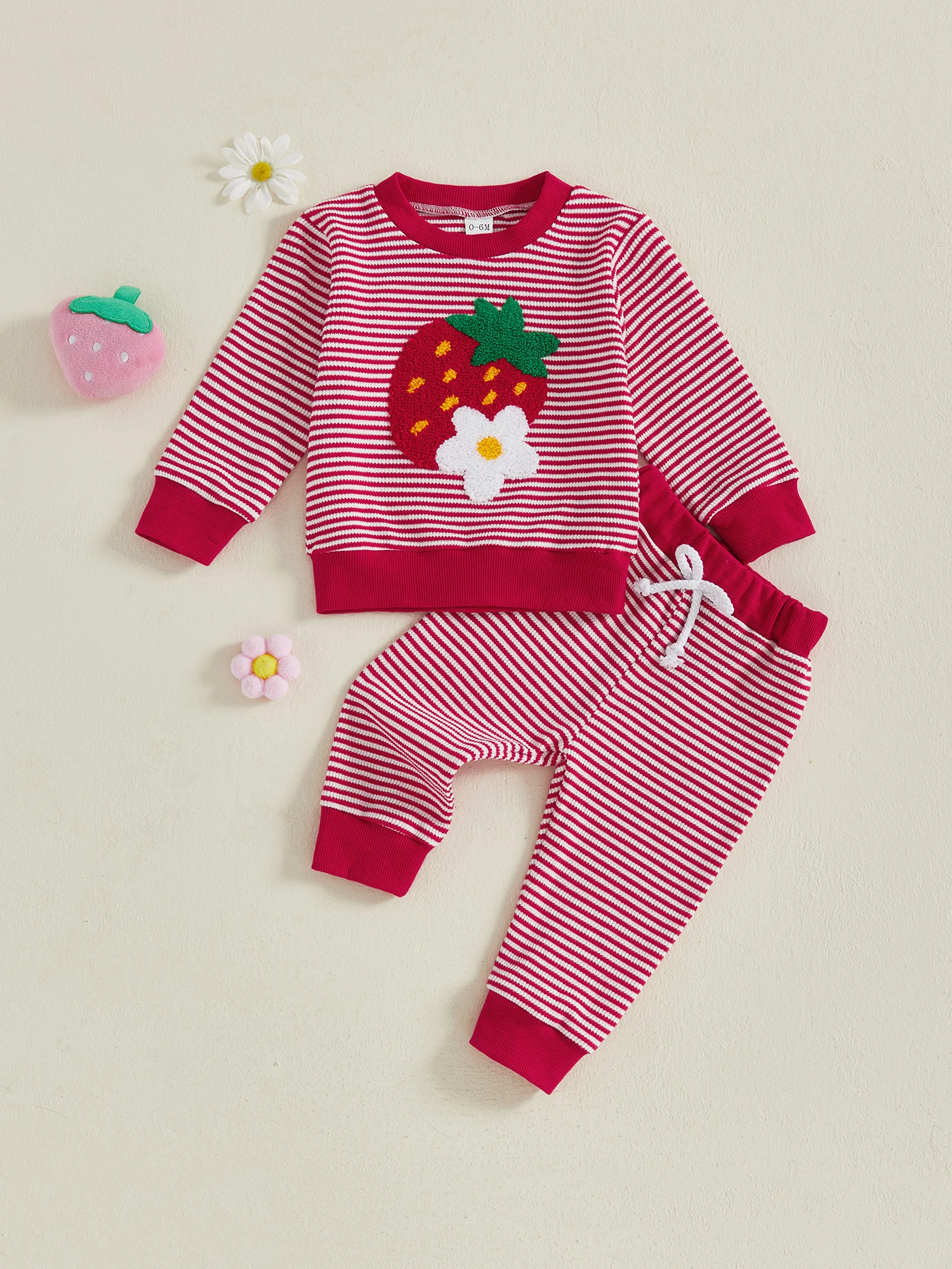 Adorável conjunto de roupas de outono para bebês meninas com top bordado de morango fofo e calças listradas para a temporada de outono